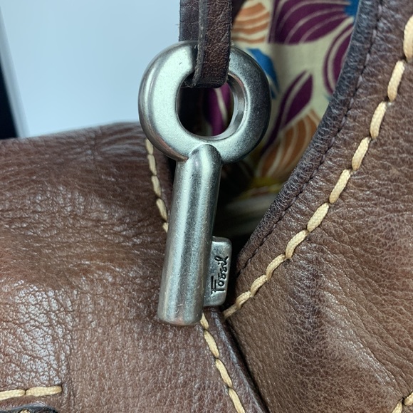 Fossil Hobo Tweed Leather Bag Light Dark Brown Floral Lining silver buckle - Picture 5 of 16